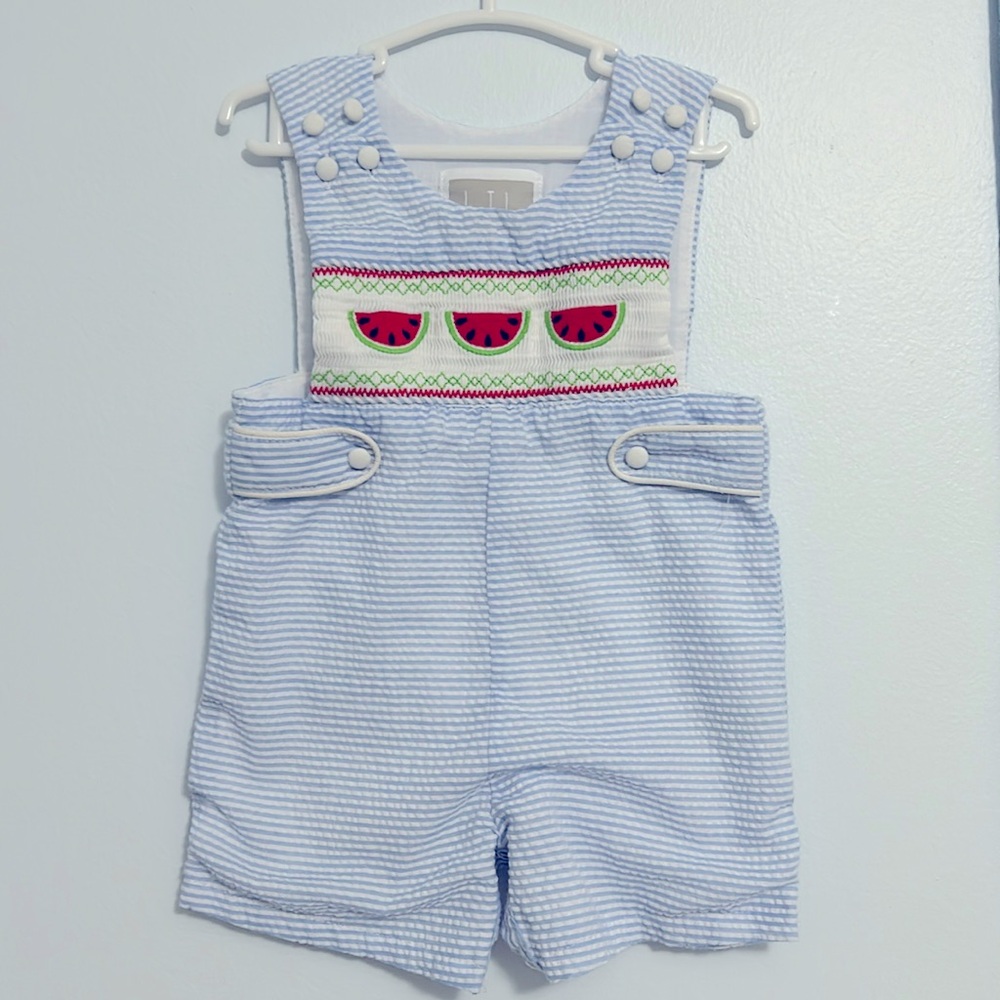 Lil’ Cactus seersucker and smocked watermelon shortalls.